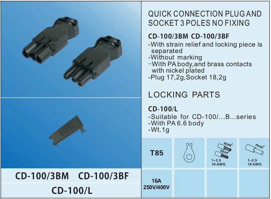 CD-100-3bf-P Top Hengda Cable - Schuko Plug Gst18I3 Weiland Female Fast Connector Gst 3way Wire Connectors 3poles Terminals Power Quick Connector 3 Pin